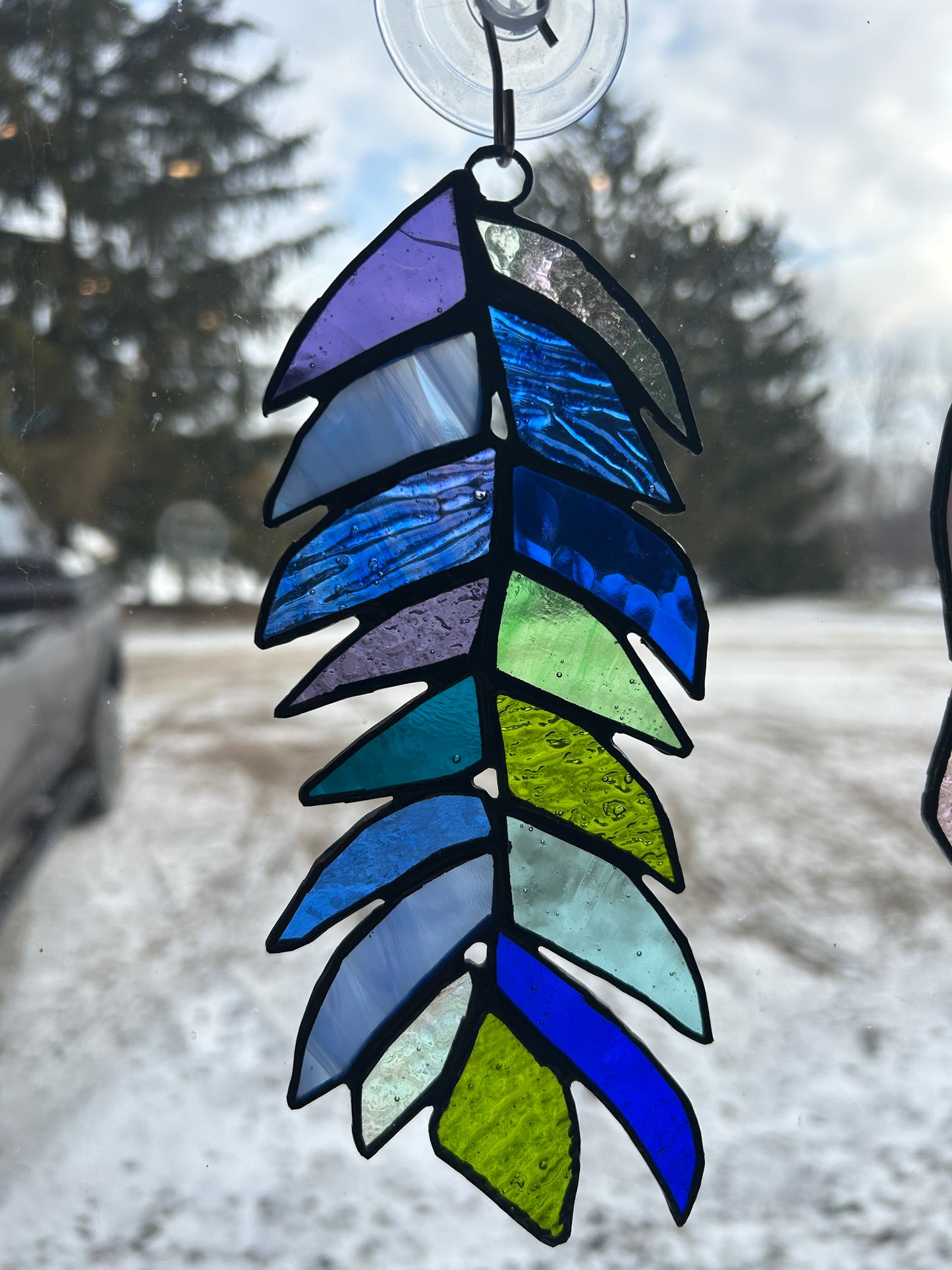 Handcrafted Stained Glass Feather – Blue & Green Sun Catcher
