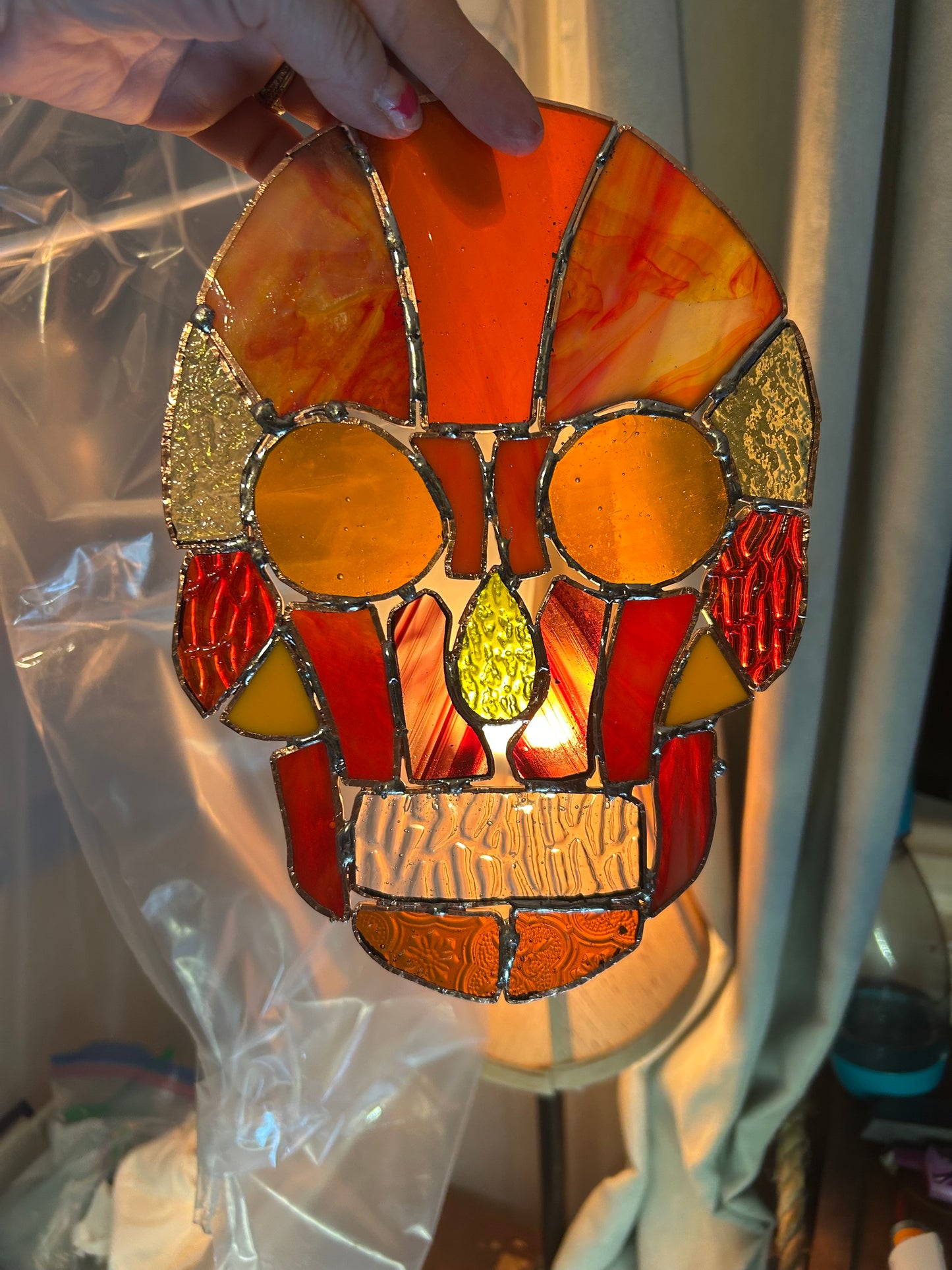 Handcrafted Stained Glass Skull – Warm Amber & Red Sun Catcher