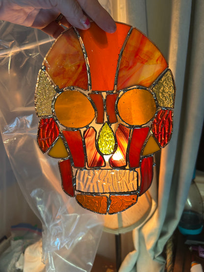 Handcrafted Stained Glass Skull – Warm Amber & Red Sun Catcher