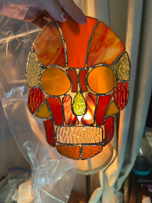 Handcrafted Stained Glass Skull – Warm Amber & Red Sun Catcher