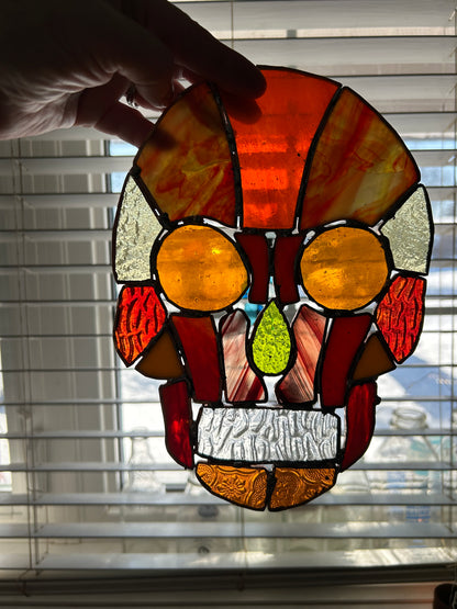Handcrafted Stained Glass Skull – Warm Amber & Red Sun Catcher