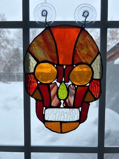 Handcrafted Stained Glass Skull – Warm Amber & Red Sun Catcher