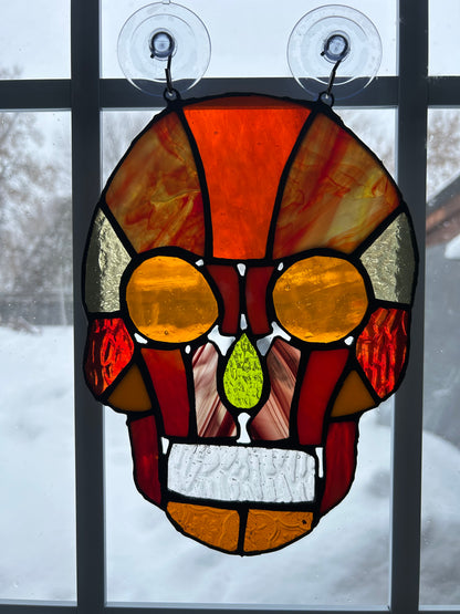 Handcrafted Stained Glass Skull – Warm Amber & Red Sun Catcher