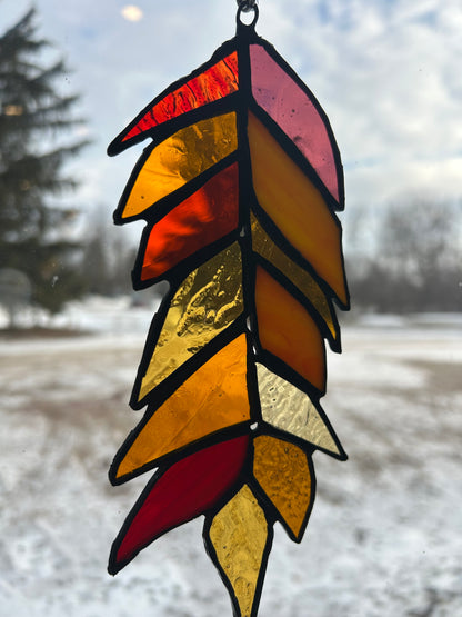 Handcrafted Stained Glass Feather – Warm Amber & Sunset Tone Sun Catcher
