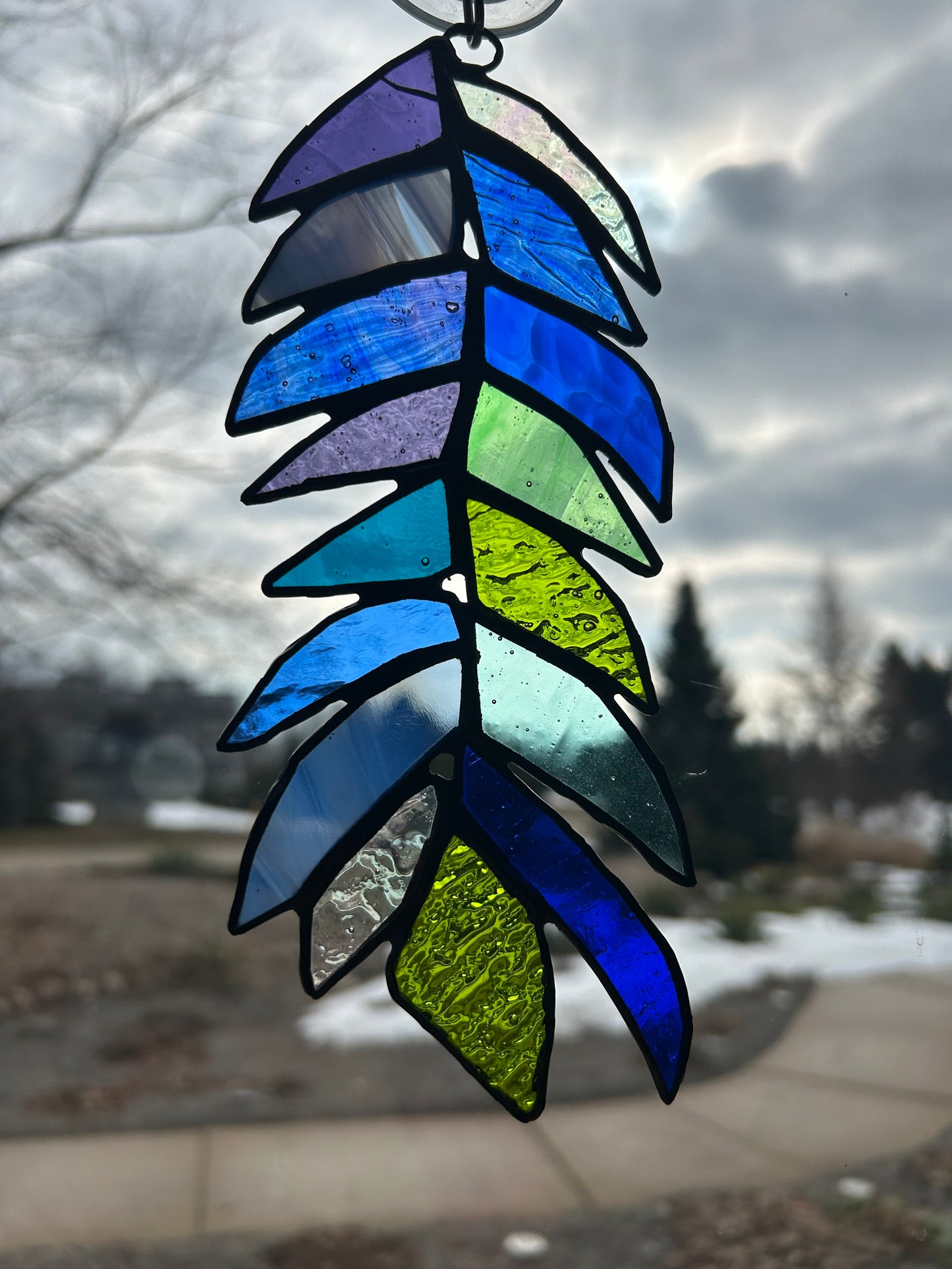 Handcrafted Stained Glass Feather – Blue & Green Sun Catcher