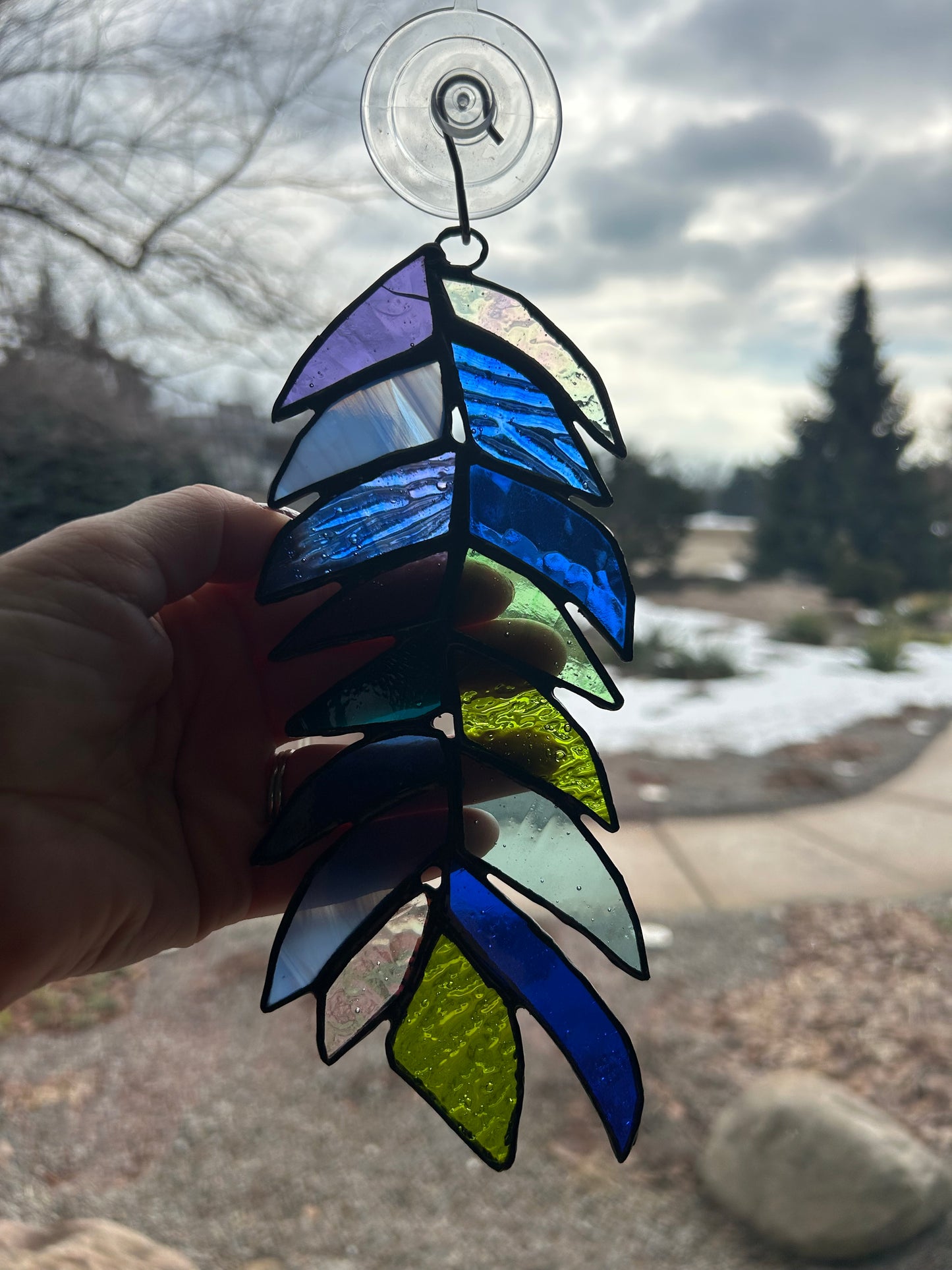 Handcrafted Stained Glass Feather – Blue & Green Sun Catcher