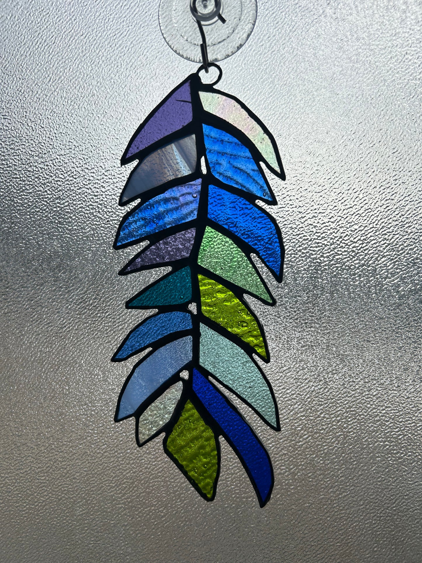 Handcrafted Stained Glass Feather – Blue & Green Sun Catcher