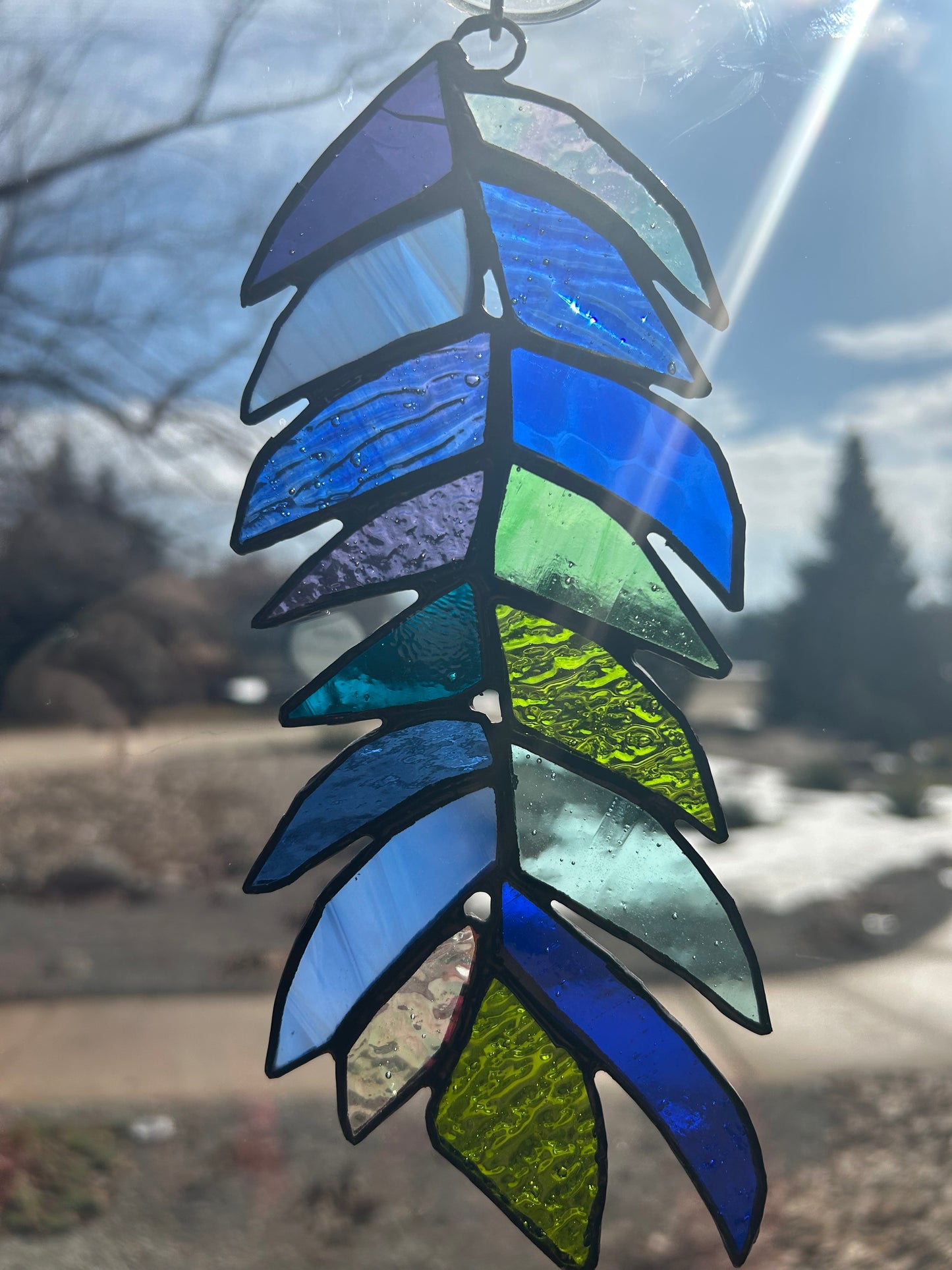Handcrafted Stained Glass Feather – Blue & Green Sun Catcher