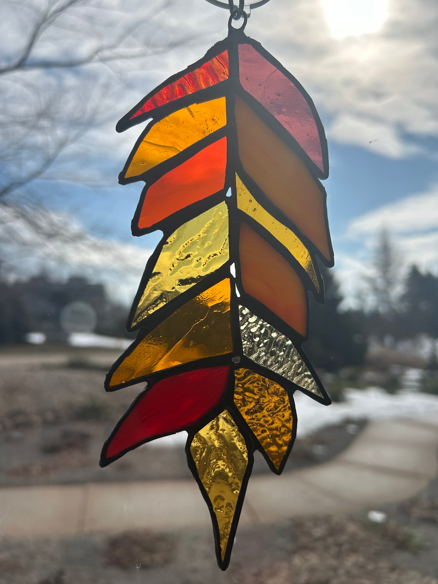 Handcrafted Stained Glass Feather – Warm Amber & Sunset Tone Sun Catcher