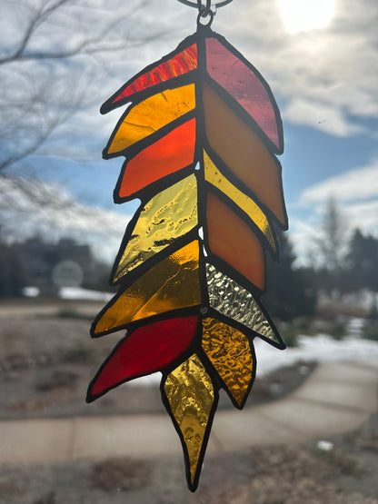 Handcrafted Stained Glass Feather – Warm Amber & Sunset Tone Sun Catcher