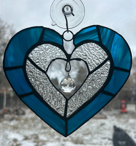 Blue Heart Crystal Stained Glass Window Hanging